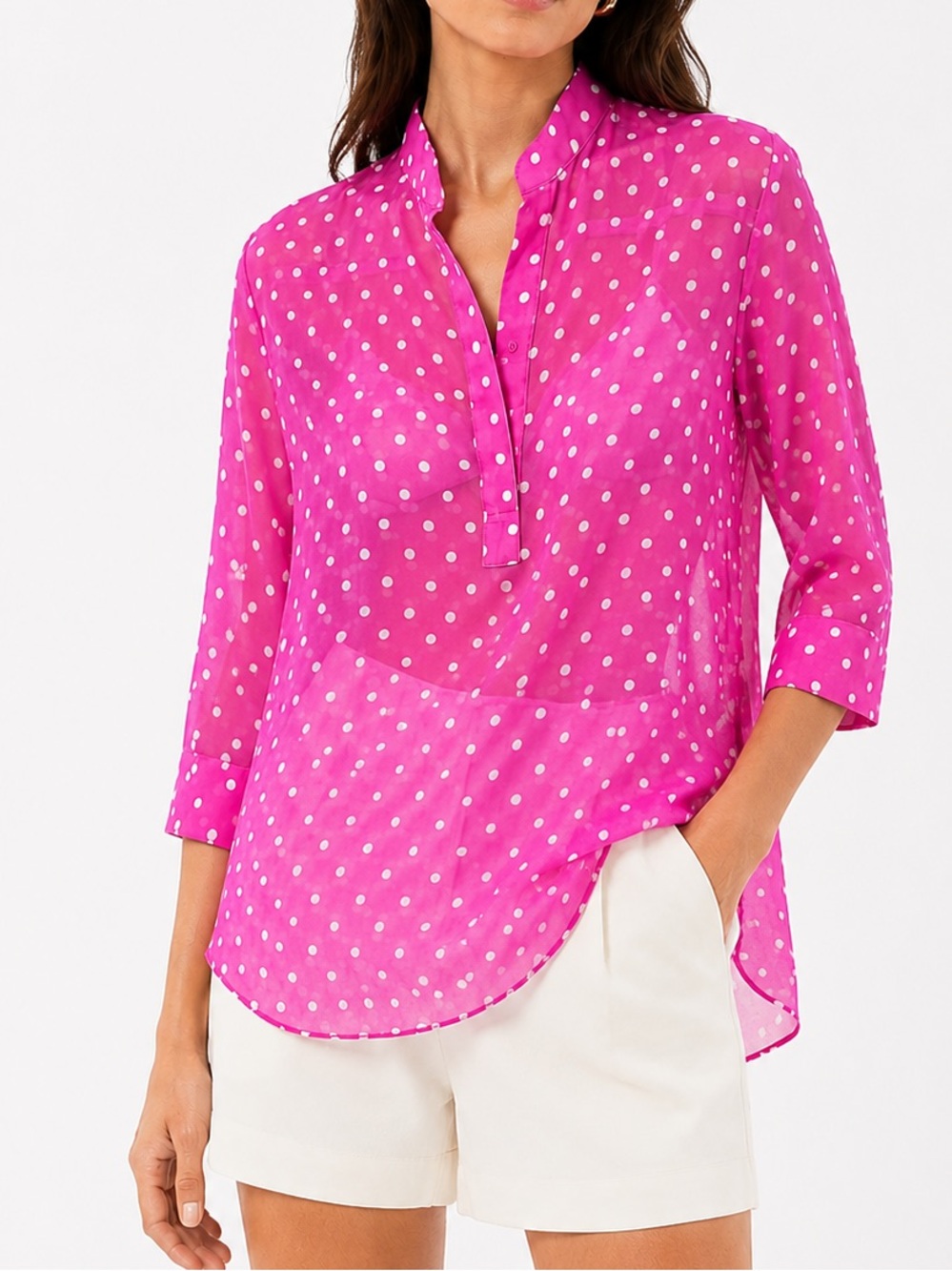 Cape Madras Bright Pink & White Polka Dot Semi Sheer 3/4 Sleeve Blouse Size‎ XS